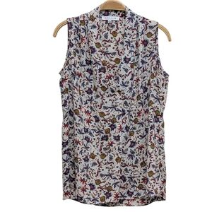 Rose + Olive Sleeveless Red Blue Floral V Neck Blouse Small